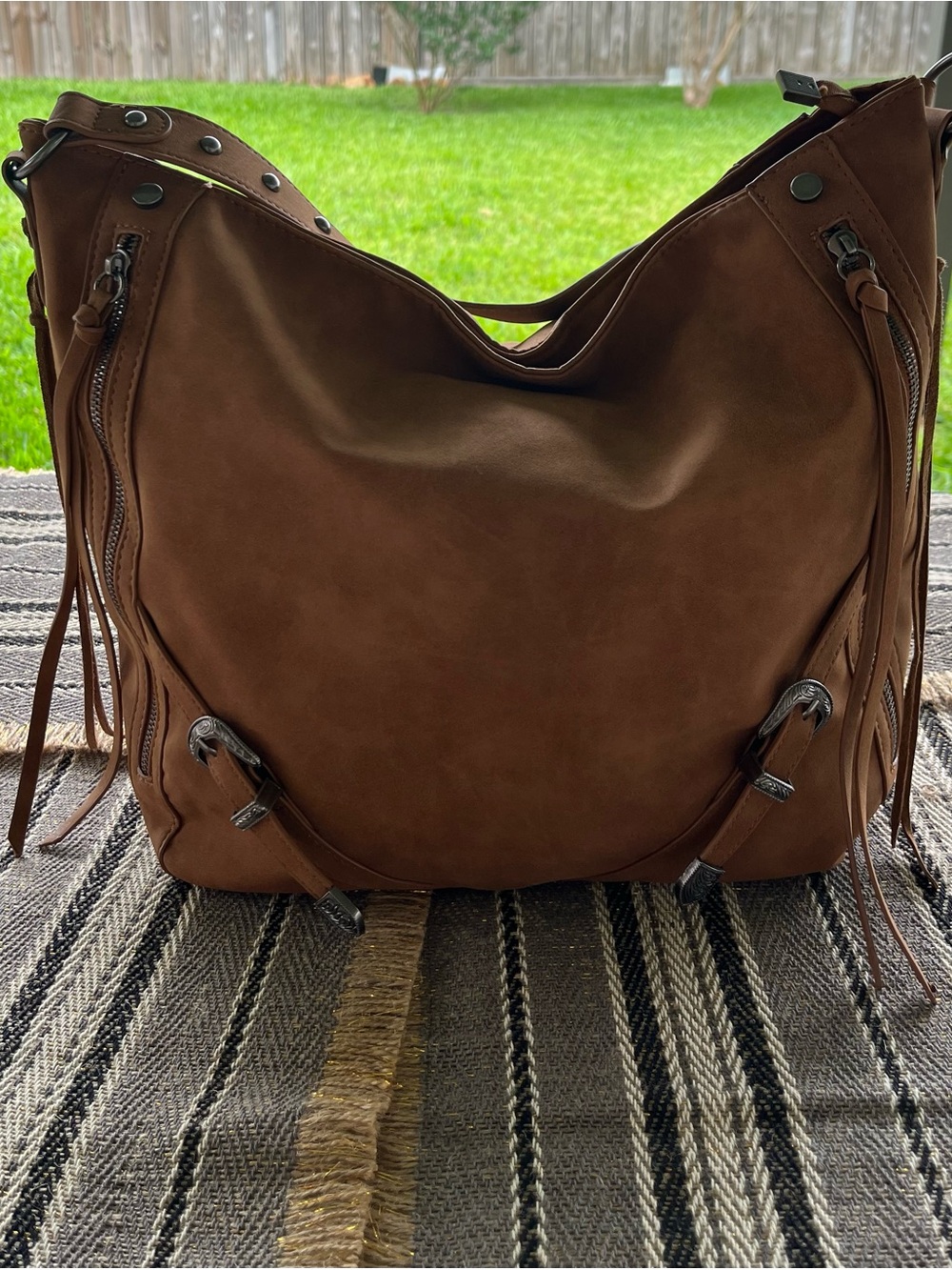Wrangler Brown Suede-Style Hobo Buckles Faux Suede Zip Shoulder Bag